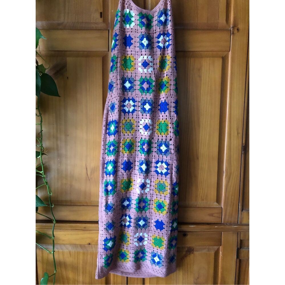 Forever 21 Crochet Granny Square Maxi Dress Pink Boho Festival Small - Picture 4 of 10